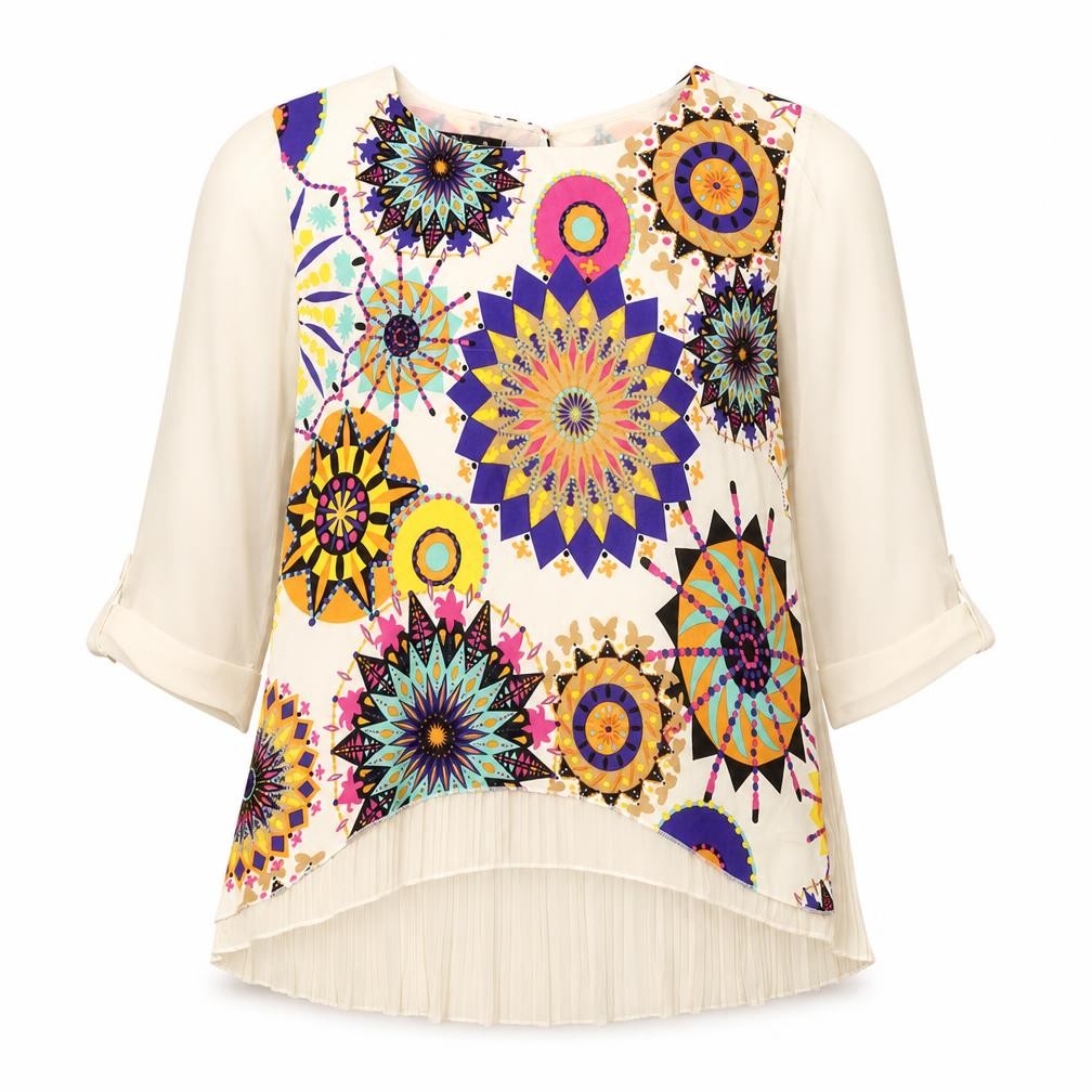 Perfect Fashion Womens Ivory Geometric Viscose Basic Blouse Size XL Boat Neck