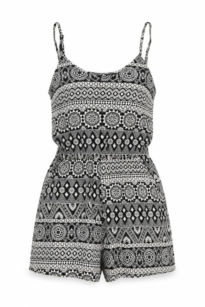 Front view of Divided women’s black geometric 100% cotton playsuit one-piece, size UK 6, pullover