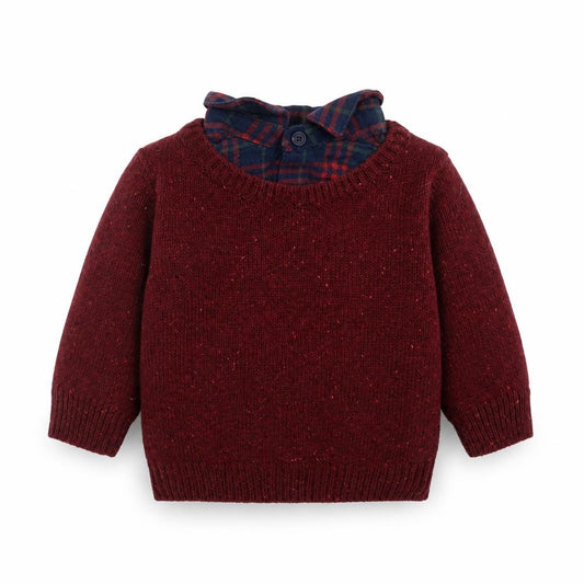 Front view of Next boys’ red acrylic jumper, size 3-6, months button