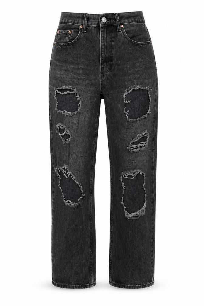 Front view of BDG women’s grey cotton straight jeans, size UK 28, in regular zip