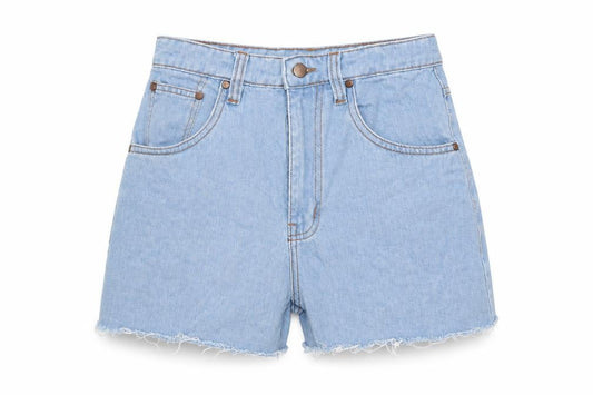 Front view of Nasty Gal women’s blue camel boyfriend shorts, size UK 6, regular zip
