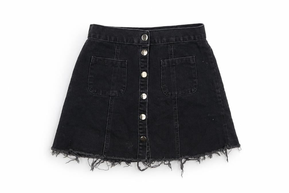 Front view of Cooperative women’s black cotton mini skirt, size S, button