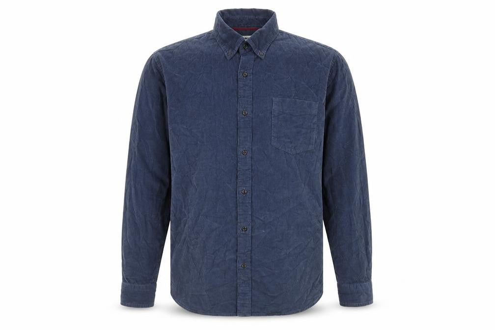 Front view of Goodthreads men’s blue cotton button-up, size L, collared button