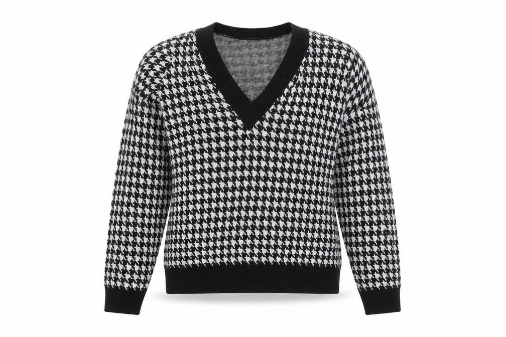 NAANAA Womens Black V-Neck Geometric 100% Cotton Pullover Jumper Size M