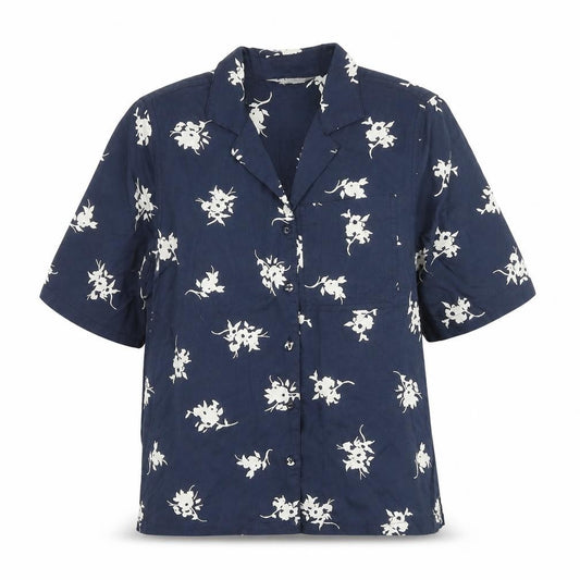 Front view of Marks & Spencer women’s blue geometric 100% cotton basic button-up, size UK 6, v-neck