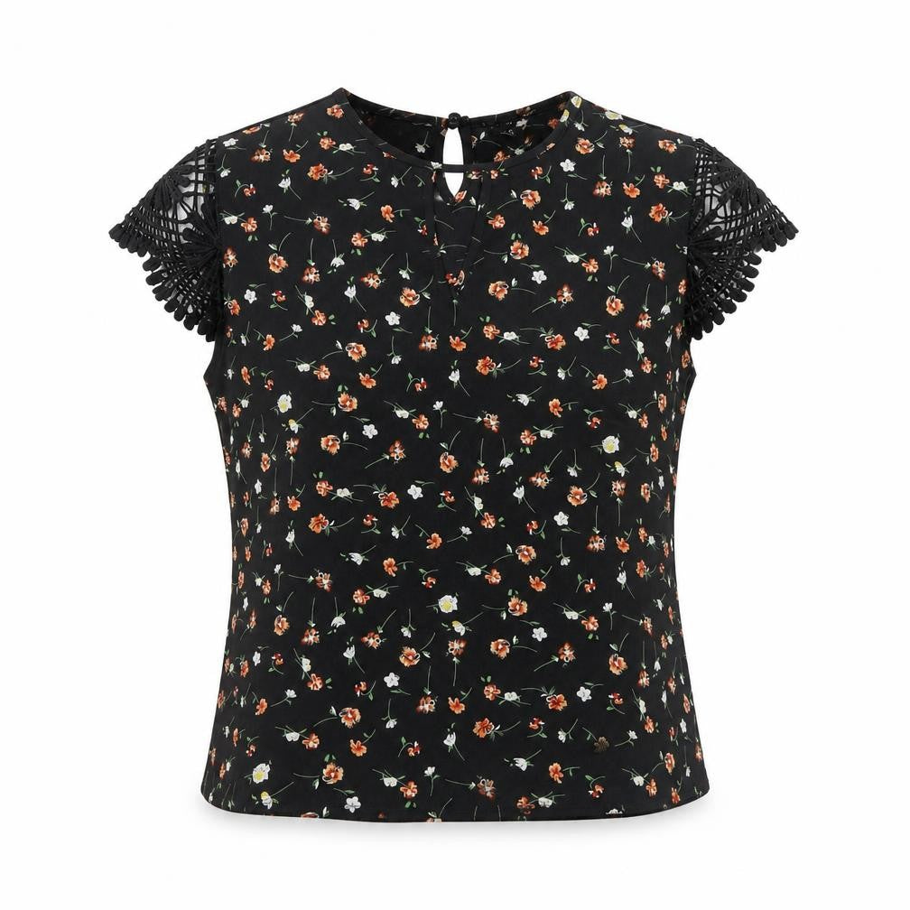 Front view of SHEIN women’s black geometric polyester basic blouse, size L, round neck - lace detail