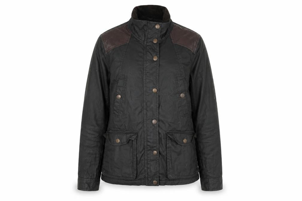 Front view of H&M women’s green jacket, size UK 8, zip
