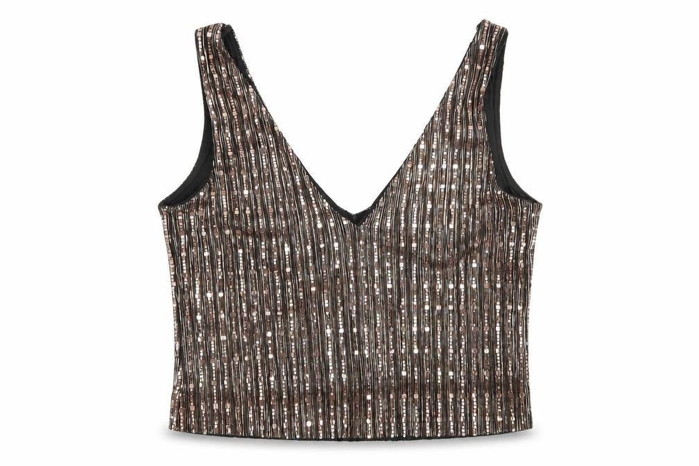 Front view of Miss Selfridge women’s pink geometric polyester basic tank, size UK 4, v-neck