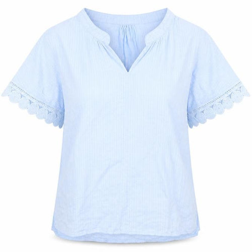 Preworn Womens Blue Cotton Basic T-Shirt Size L V-Neck - Crochet Trim