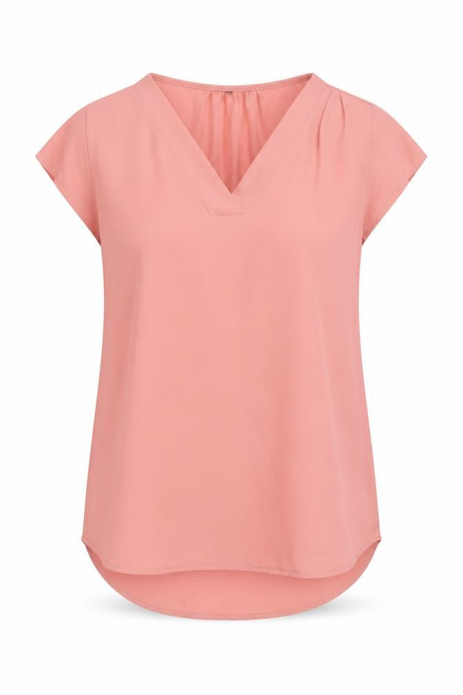 Front view of Preworn women’s pink polyester basic blouse, size UK 10, v-neck