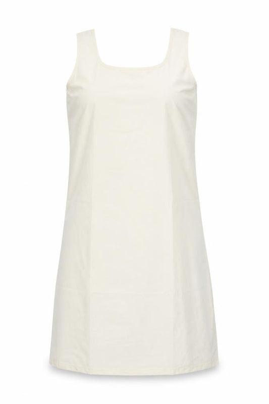 Front view of women’s ivory polyester a-line, size UK 24, round neck pullover