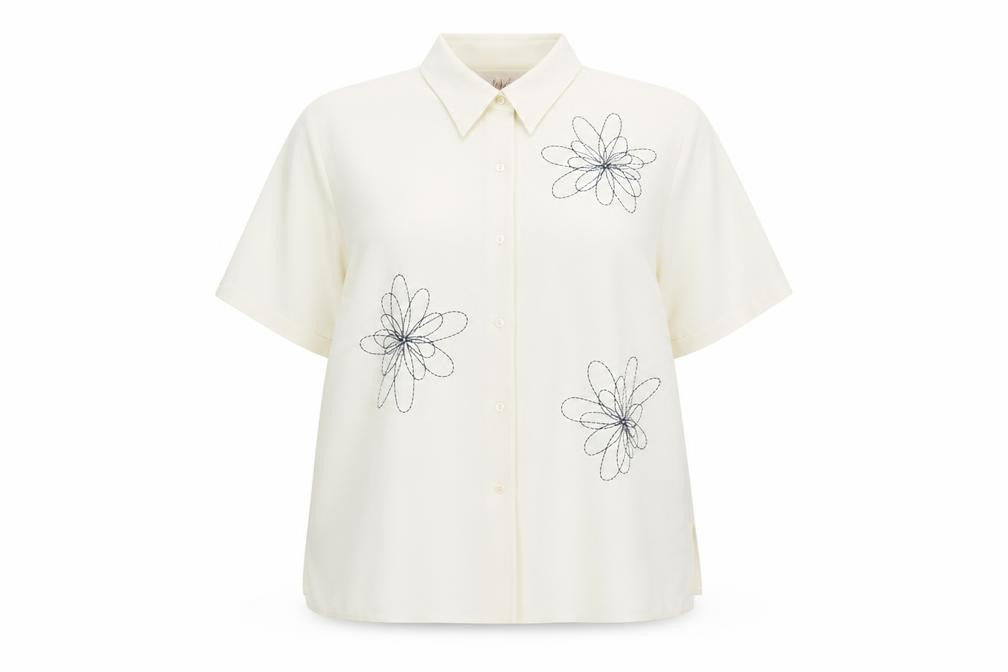 Front view of ELVI women’s ivory polyester basic button-up, size UK 20, v-neck