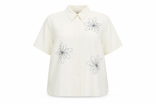 Front view of ELVI women’s ivory polyester basic button-up, size UK 20, v-neck