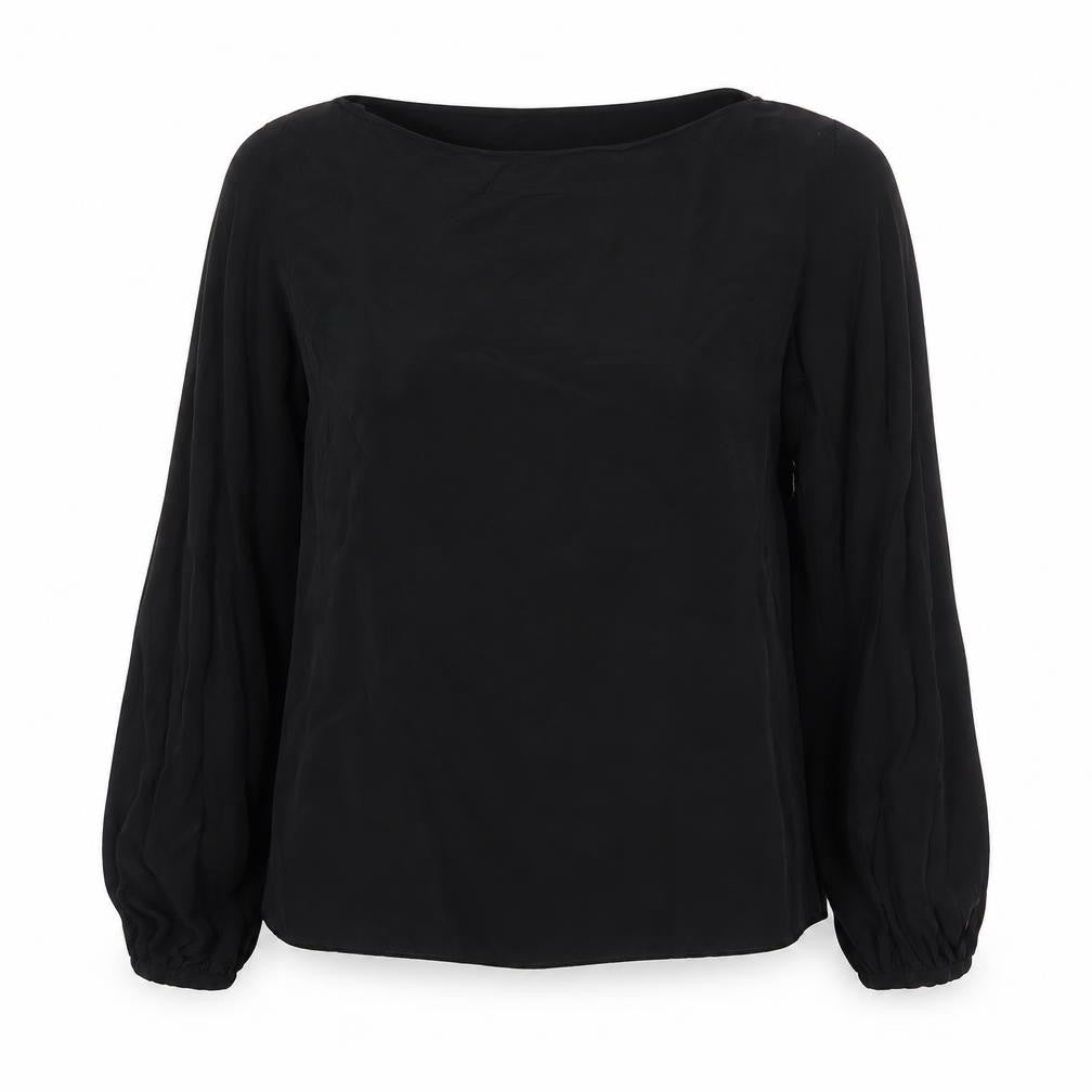 Front view of Zara women’s black viscose basic blouse, size S, round neck