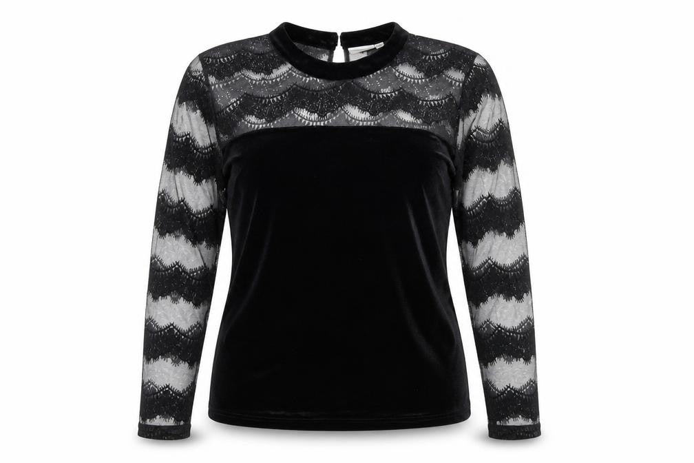 Front view of JUNAROSE women’s black striped polyester basic blouse, size M, round neck - mesh lace sleeve
