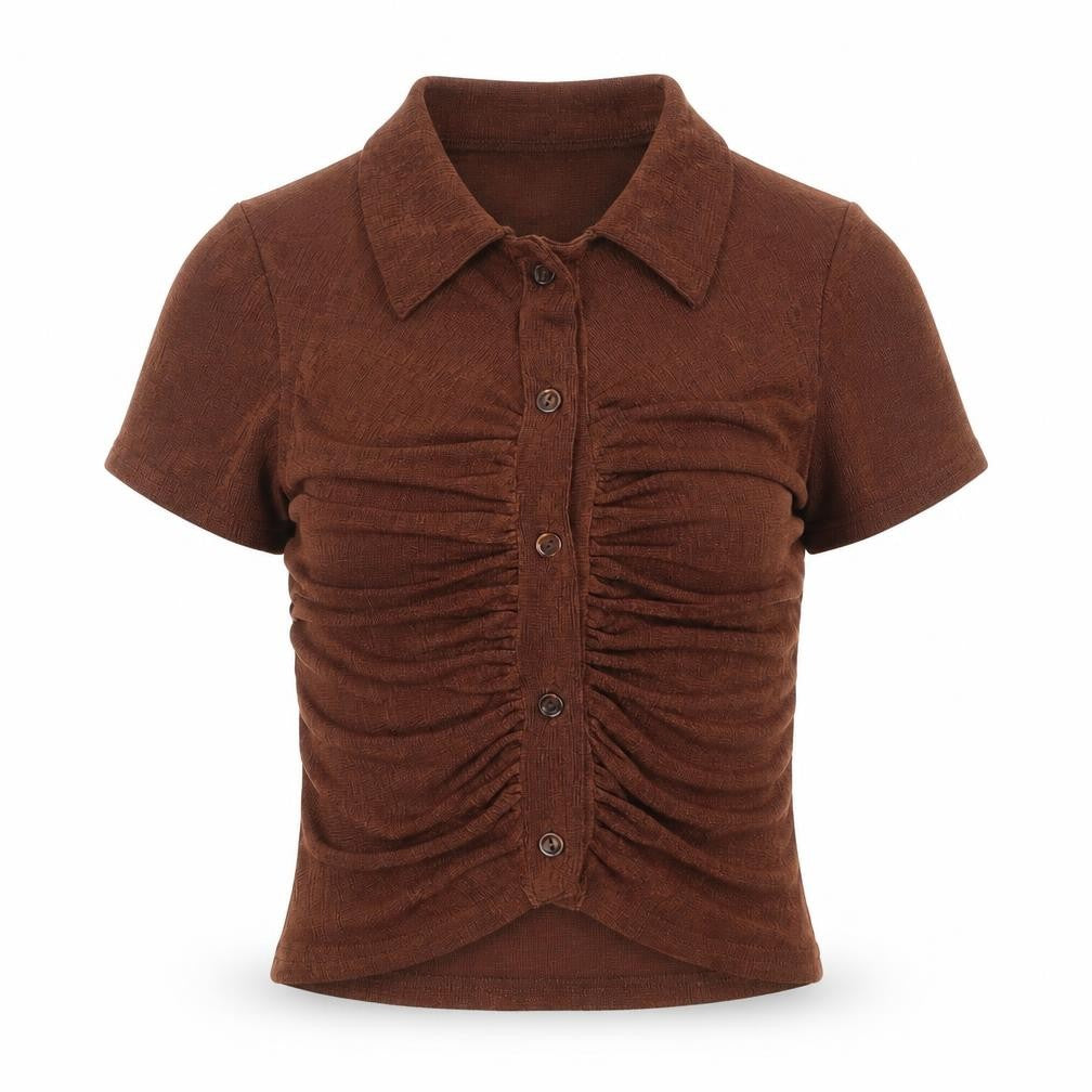 Front view of PRETTYLITTLETHING women’s brown polyester cropped button-up, size UK 8, v-neck