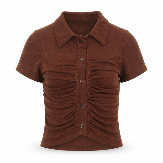 Front view of PRETTYLITTLETHING women’s brown polyester cropped button-up, size UK 8, v-neck