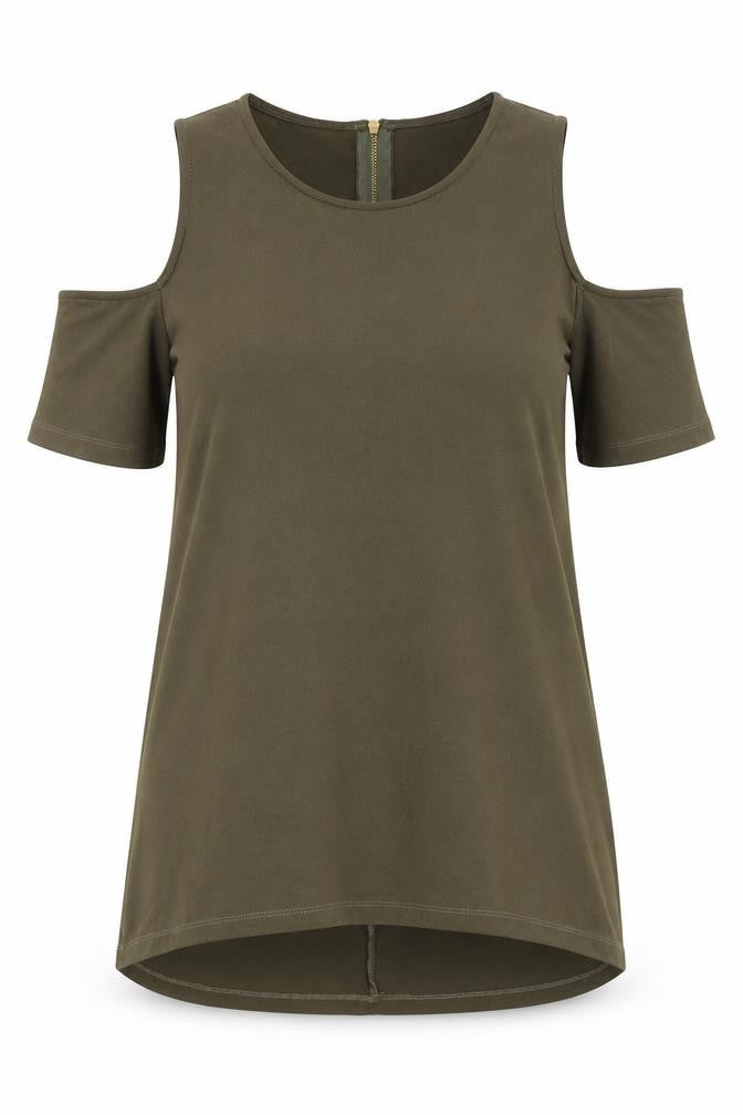 Front view of Warehouse women’s green polyester basic t-shirt, size UK 10, round neck - cold shoulder