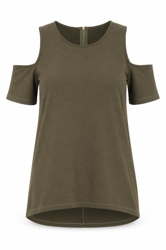 Front view of Warehouse women’s green polyester basic t-shirt, size UK 10, round neck - cold shoulder