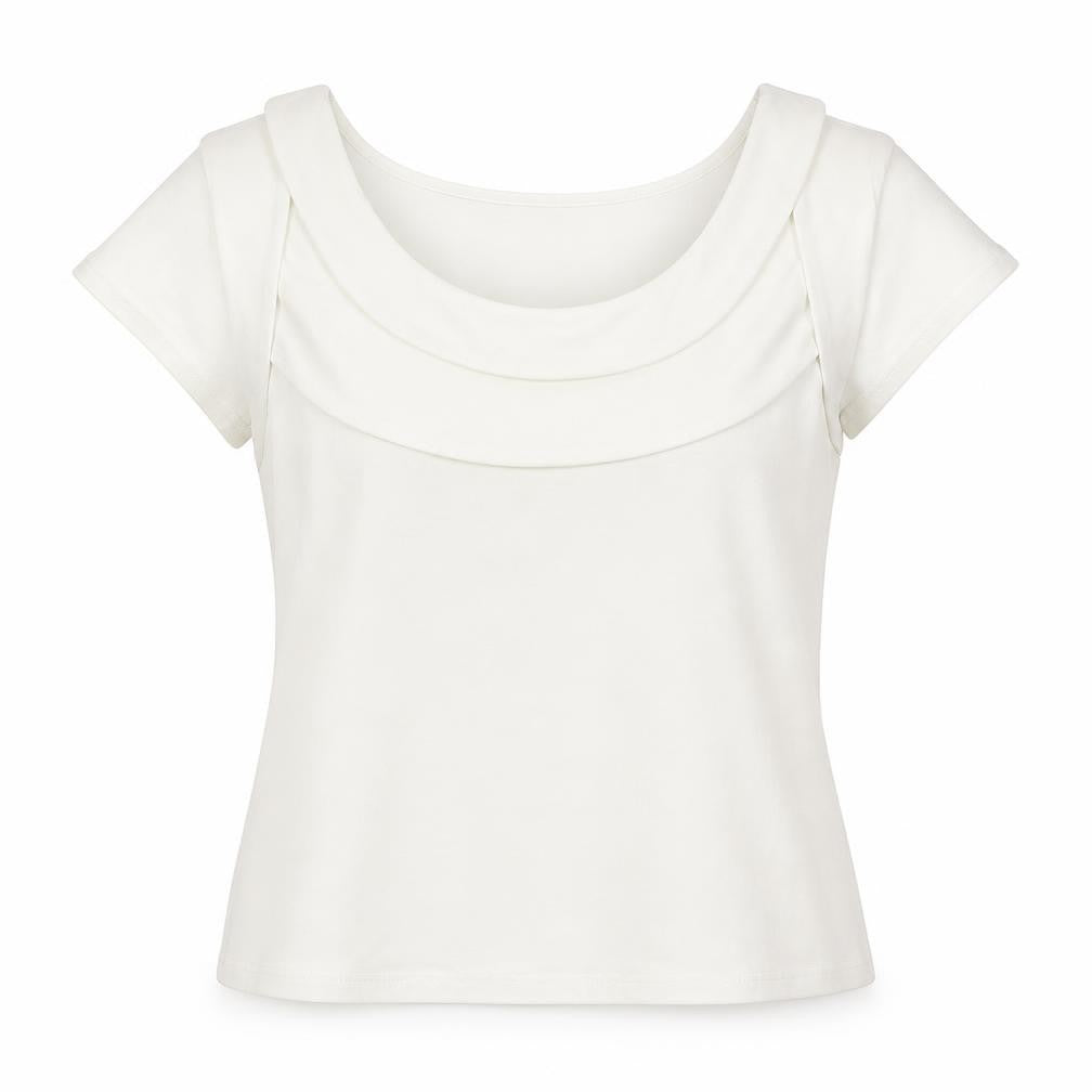 Front view of Minuet women’s ivory polyester basic t-shirt, size UK 14, round neck