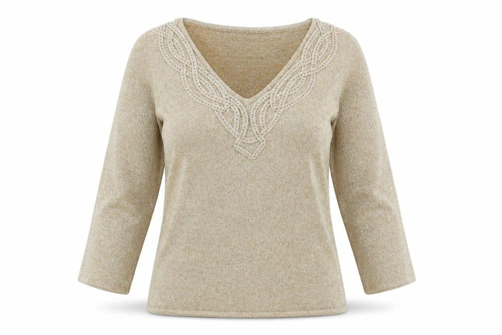 Front view of Alex & Co women’s gold v-neck viscose jumper, size UK 8