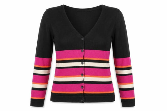 Front view of Pomodoro women’s multicoloured v-neck striped cotton cardigan jumper, size UK 10