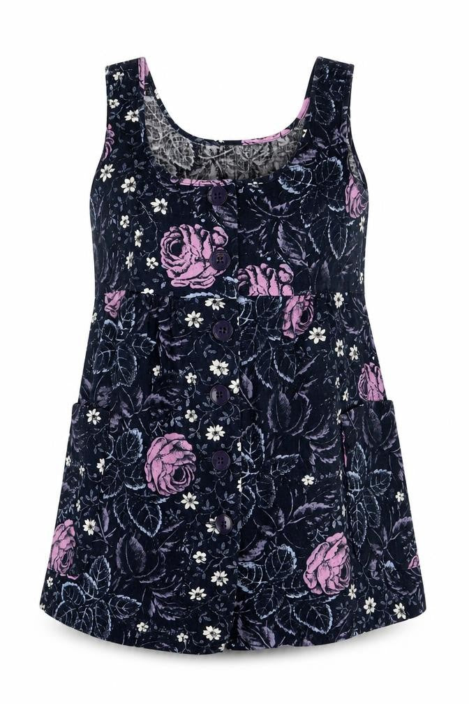 Front view of Mamina women’s black geometric polyester basic tank, size UK 10, round neck