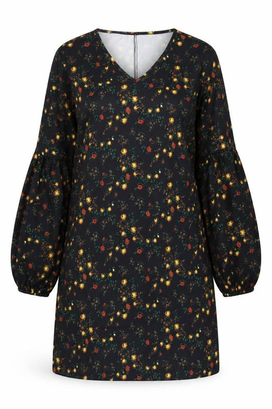 Front view of SHEIN women’s black floral polyester a-line, size L, v-neck pullover