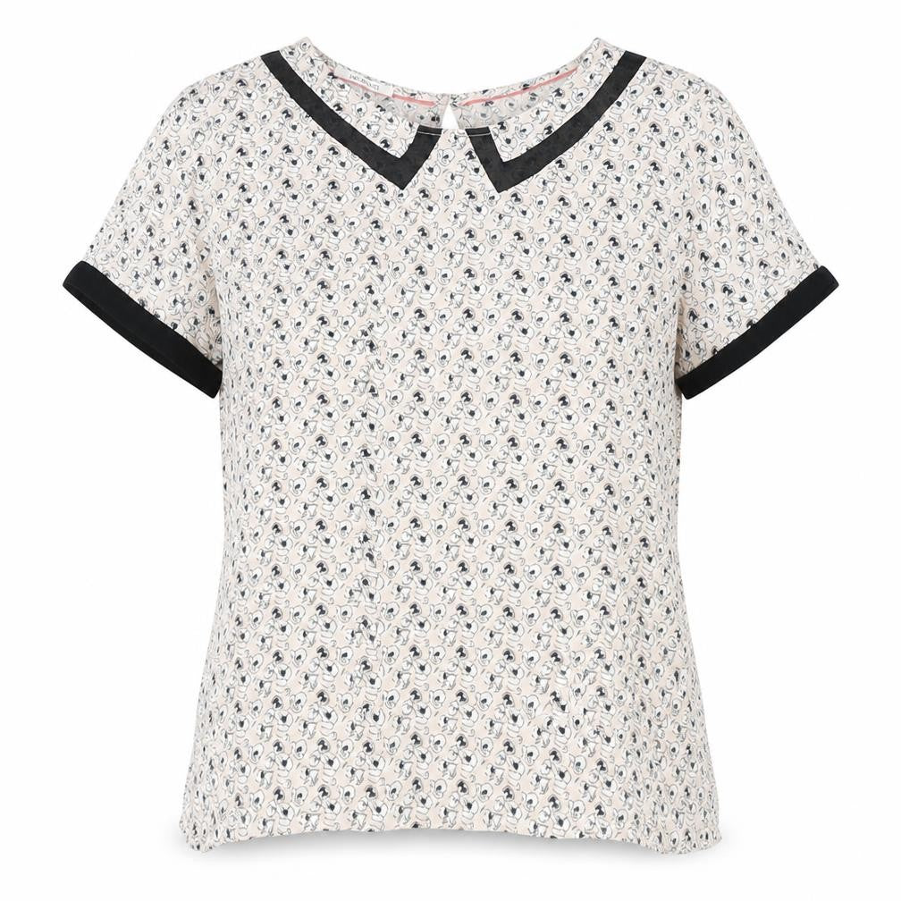 Front view of Promod women’s pink geometric viscose basic blouse, size UK 10, round neck