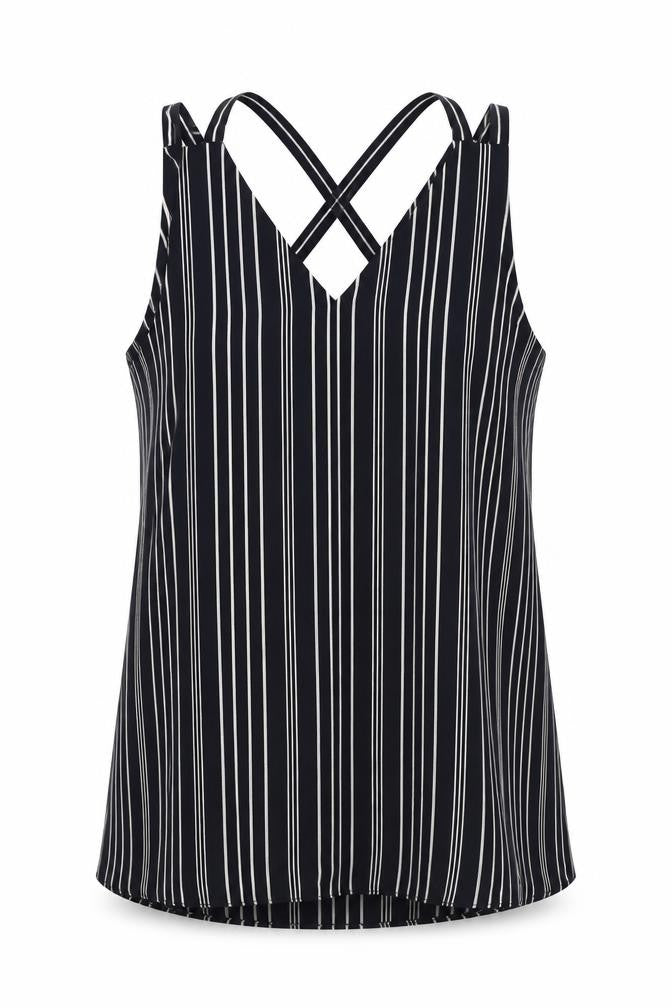 Front view of River Island women’s blue striped polyester basic blouse, size UK 8, v-neck