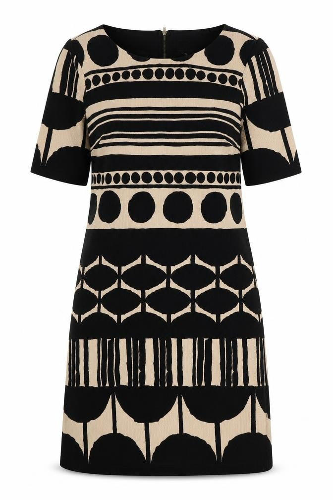 Front view of RMLL women’s black geometric polyester a-line, size UK 6, round neck zip