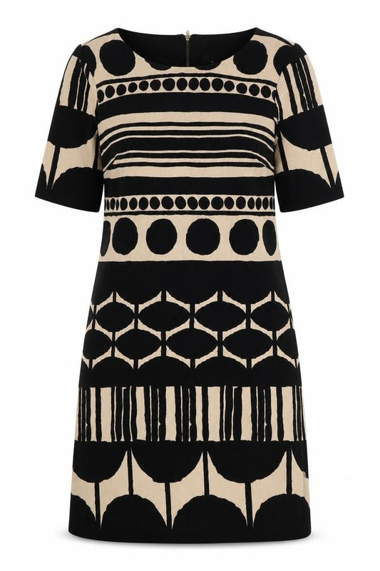 Front view of RMLL women’s black geometric polyester a-line, size UK 6, round neck zip