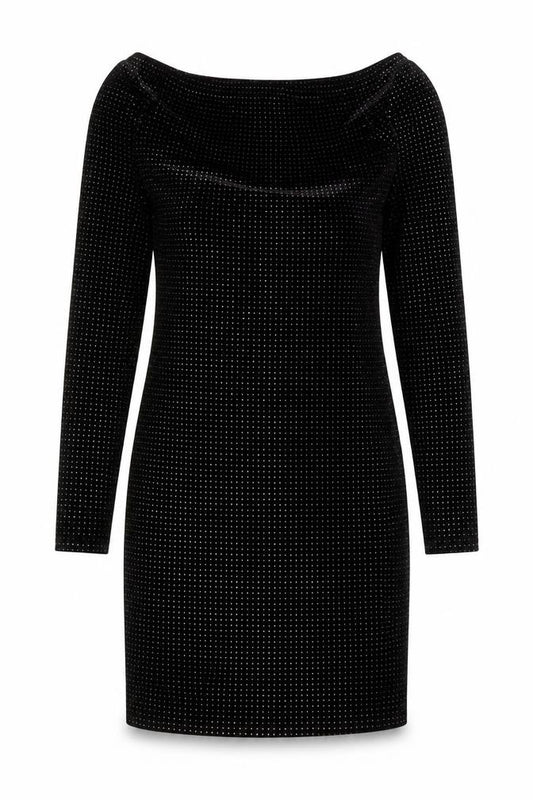 Front view of Quiz women’s black polyester a-line, size UK 10, boat neck pullover