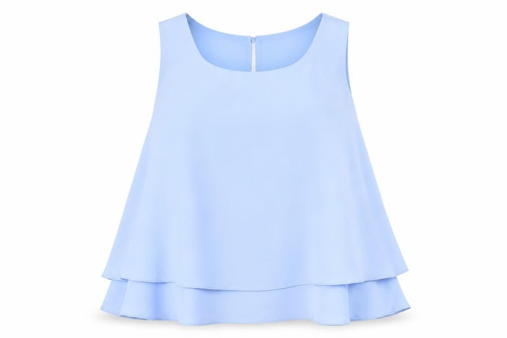 Front view of Topshop women’s blue polyester basic tank, size UK 8, round neck