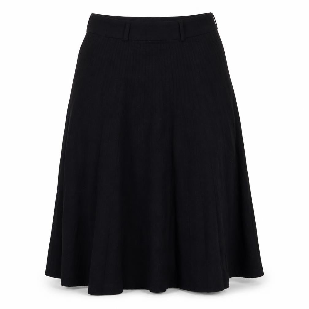 Front view of Yumi women’s black polyester swing skirt, size UK 10, zip