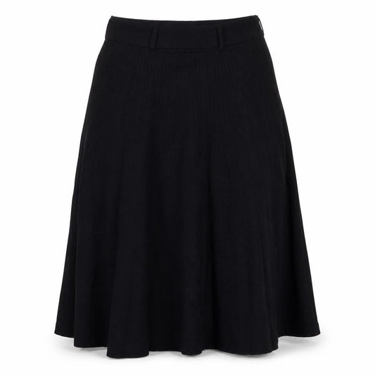 Front view of Yumi women’s black polyester swing skirt, size UK 10, zip