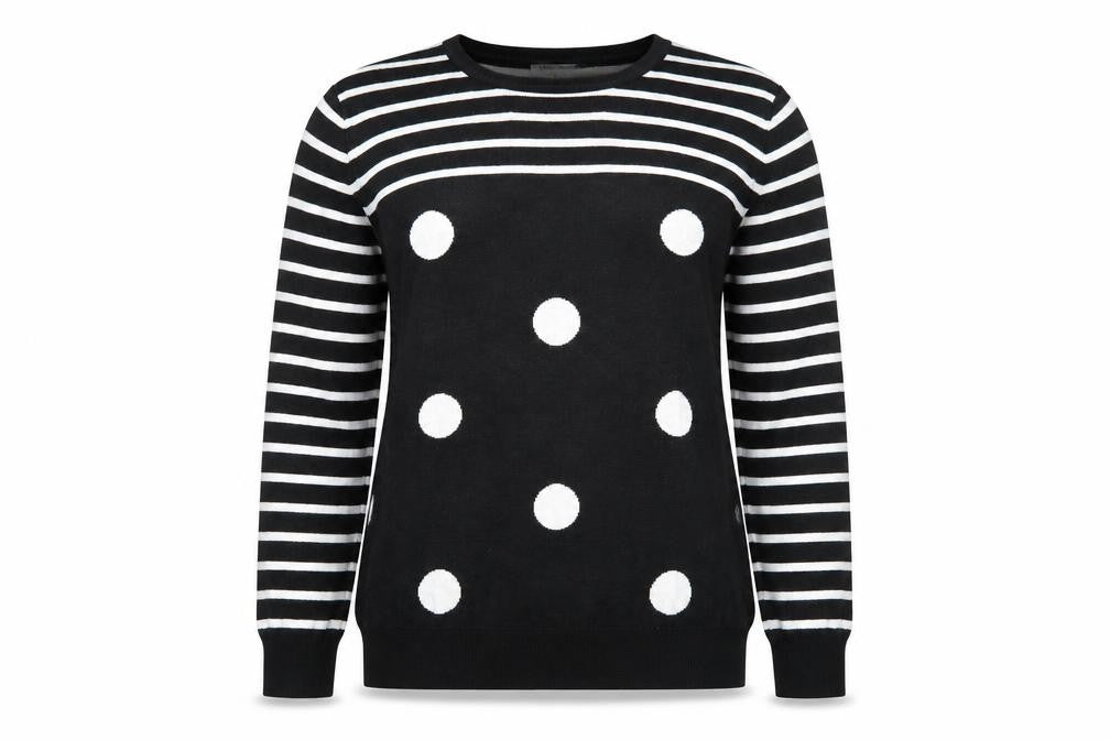 Front view of Mudflower women’s black scoop neck striped viscose jumper, size M