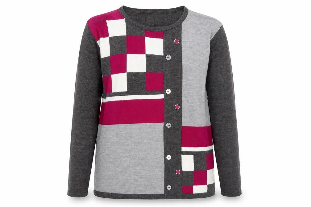 Front view of Mudflower women’s grey round neck acrylic jumper, size M