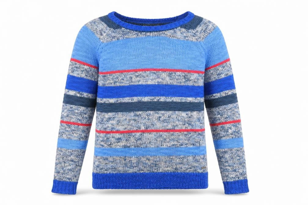 Front view of Cherokee men’s blue round neck striped acrylic jumper, size S, long sleeve