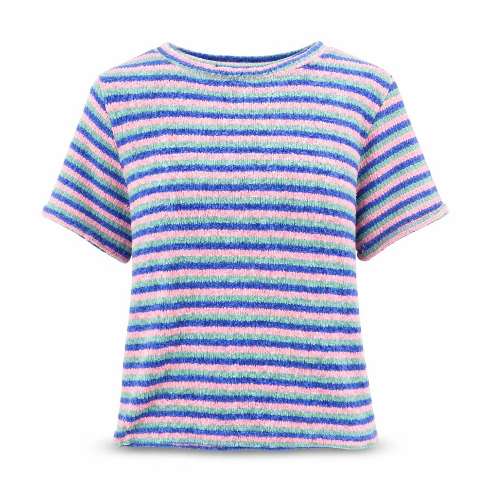 Front view of Bershka women’s multicoloured round neck striped acrylic jumper, size S