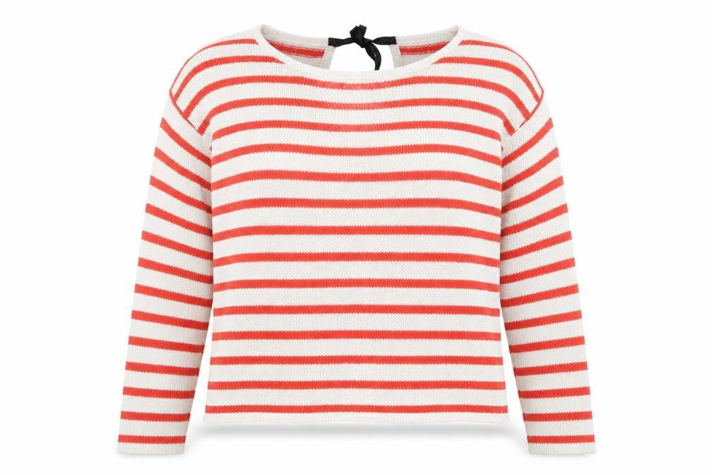 Front view of Marks & Spencer women’s beige round neck striped acrylic jumper, size UK 12