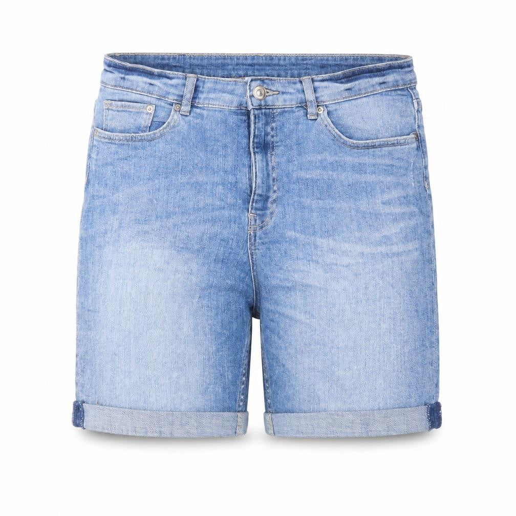Front view of H&M women’s blue cotton skimmer shorts, size UK 21, in regular zip