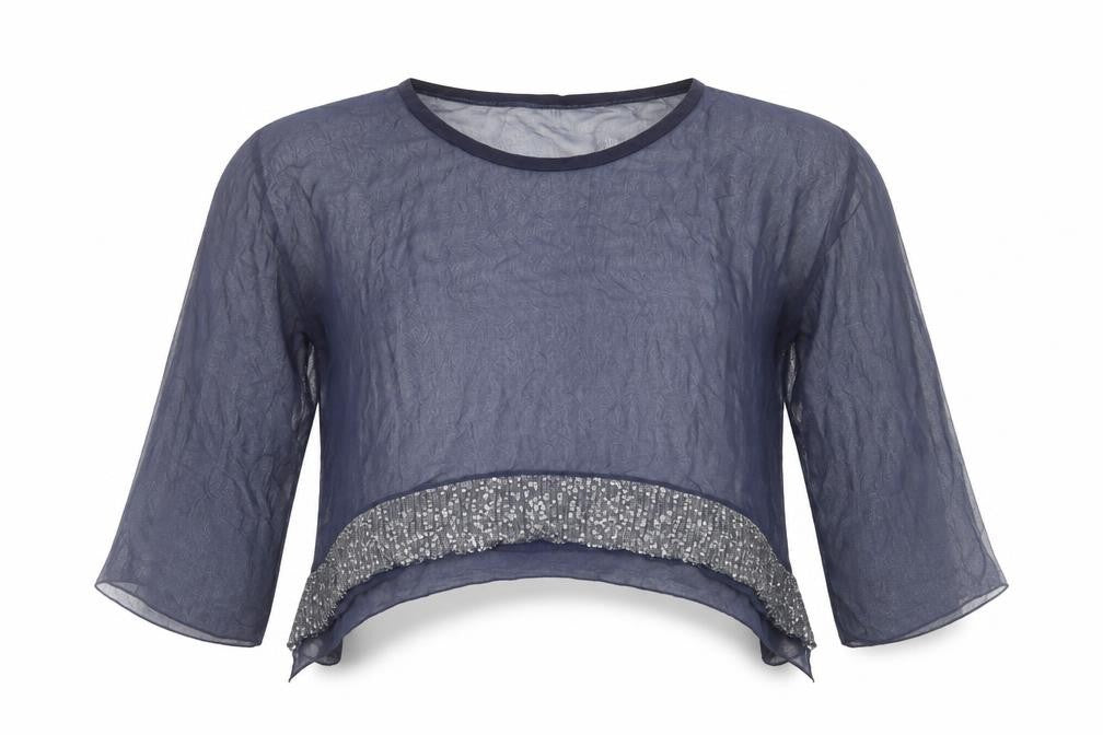Front view of Preworn women’s blue polyester cropped blouse, size L, scoop neck
