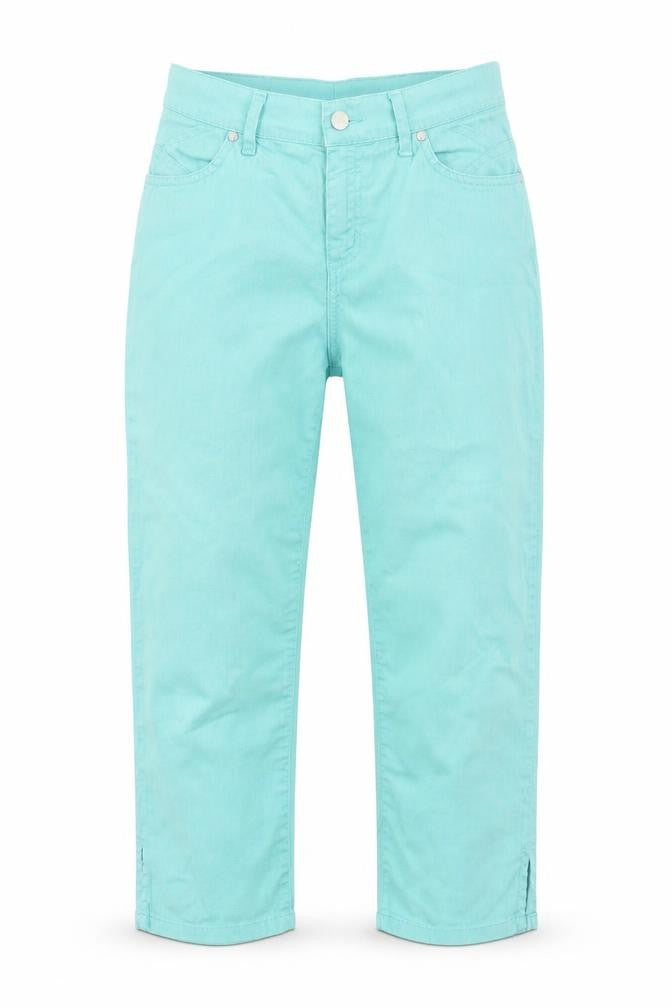 Front view of Per Una women’s green cotton straight jeans, size UK 10, regular zip