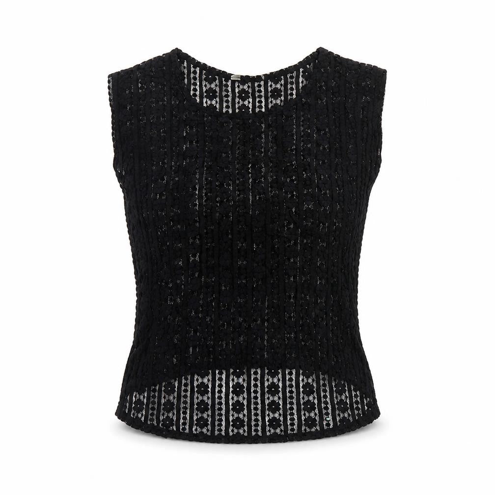 Front view of Miss Selfridge women’s black geometric polyester basic t-shirt, size UK 8, round neck