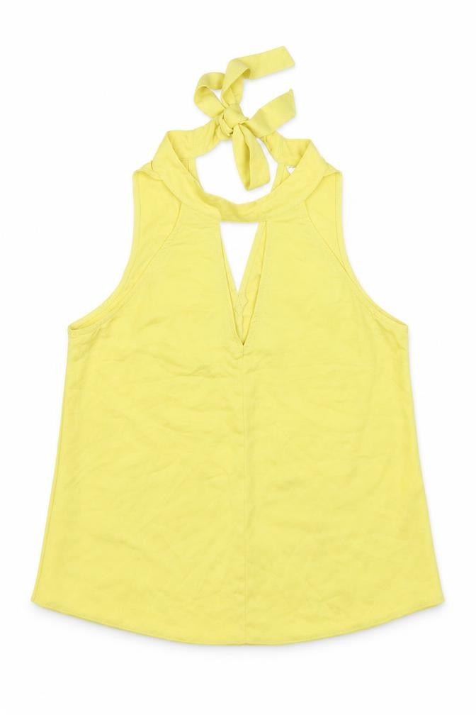 Front view of Miss Selfridge women’s yellow polyester basic tank, size UK 10, halter - keyhole neck