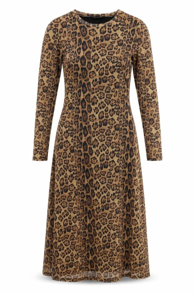 Front view of LUC-CE women’s brown animal print polyester a-line, size S, round neck pullover - leopard pattern