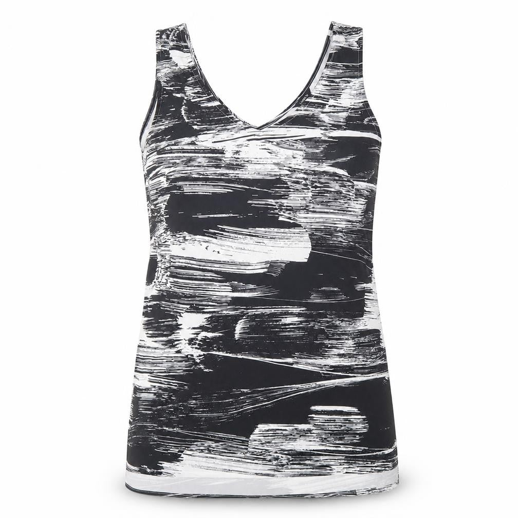 Front view of Lind3x women’s black geometric polyester basic tank, size S, v-neck