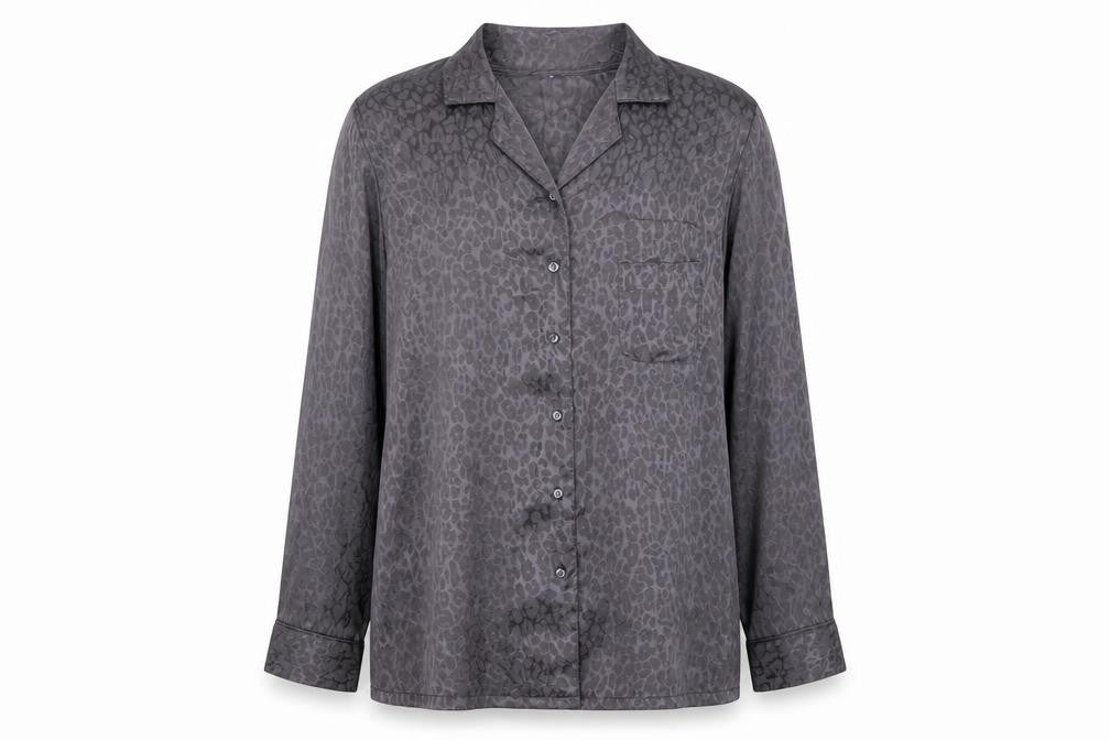 Front view of George women’s grey animal print polyester basic button-up, size UK 12, v-neck - leopard print