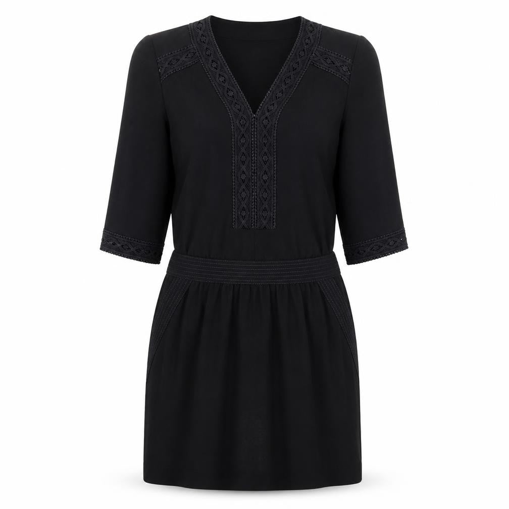 Front view of Miss Captain women’s black geometric polyester kaftan, size UK 12, v-neck pullover